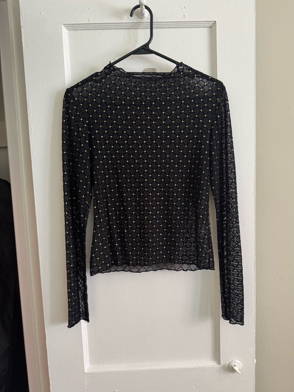 Free People Black Mesh Long-Sleeve Top with Gold Stud Lattice